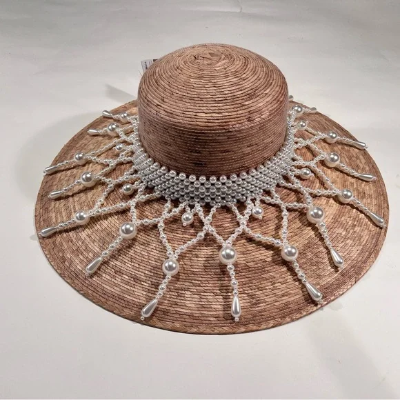 Elegant Palm Hat with Pearl Accents 5 1/2” wide brim NWT - Picture 2 of 7